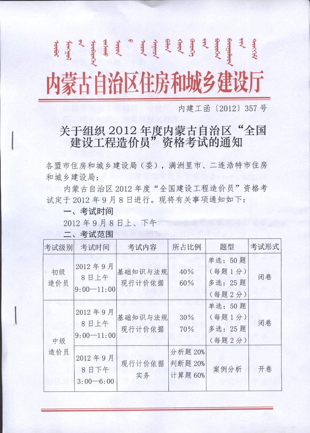 內蒙古2012年造價(jià)員考試報名