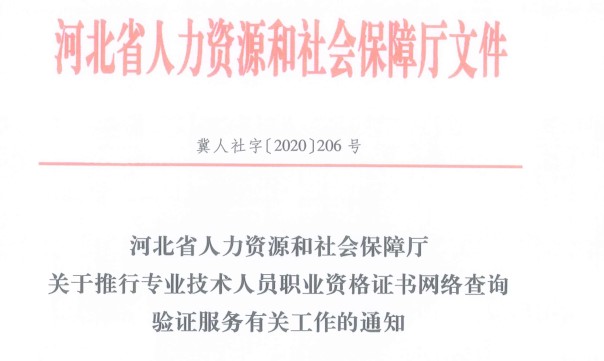 河北省人力資源和社會(huì )保障廳關(guān)于推行專(zhuān)業(yè)技術(shù)人員職業(yè)資格證書(shū)網(wǎng)絡(luò )查詢(xún)驗證服務(wù)有關(guān)工作的通知