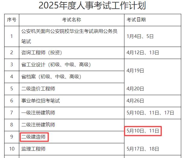 2025年浙江二級建造師考試時(shí)間5月10日、11日